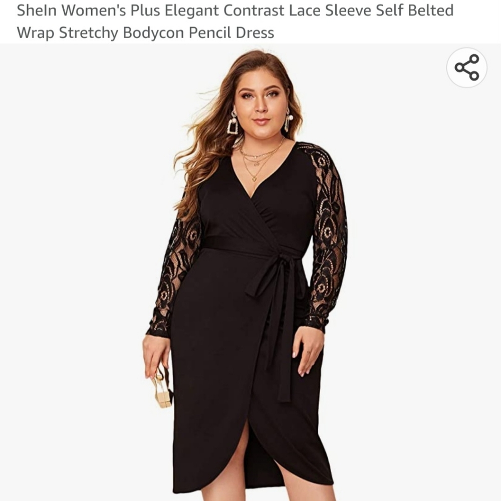 Shein wrap black dress with lace sleeves